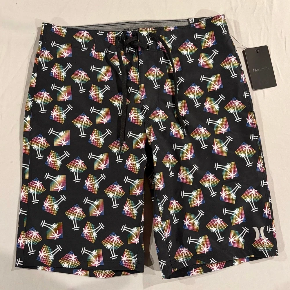 Hurley Black Board Shorts with Rainbow Palm Print NWT - Picture 1 of 7